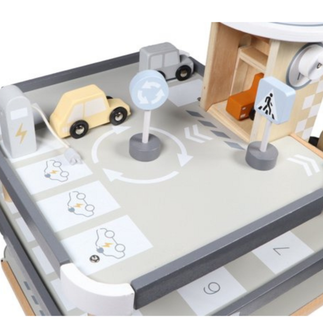 Wooden parking garage with multiple levels and play features