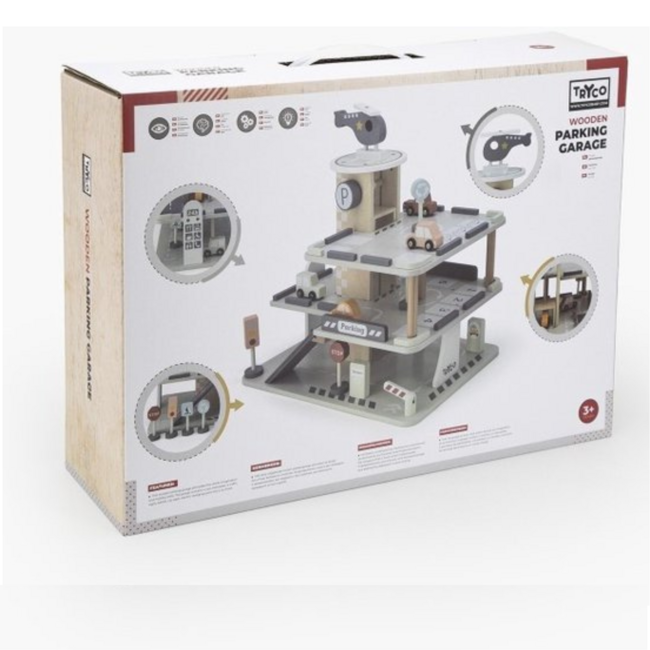 Houten parkeergarage met meerdere verdiepingen en speelfunctie
