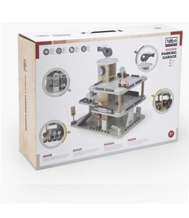 Houten parkeergarage met meerdere verdiepingen en speelfunctie