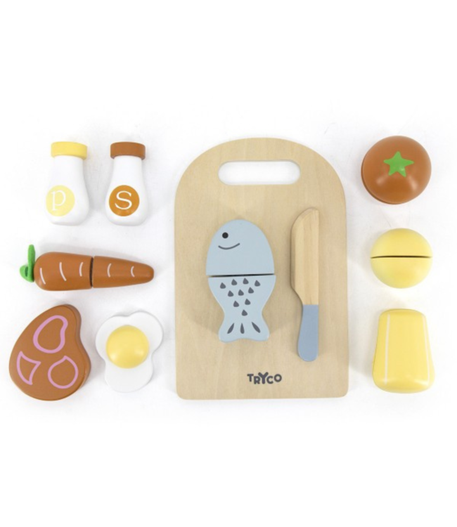 Houten  snijplank met eten