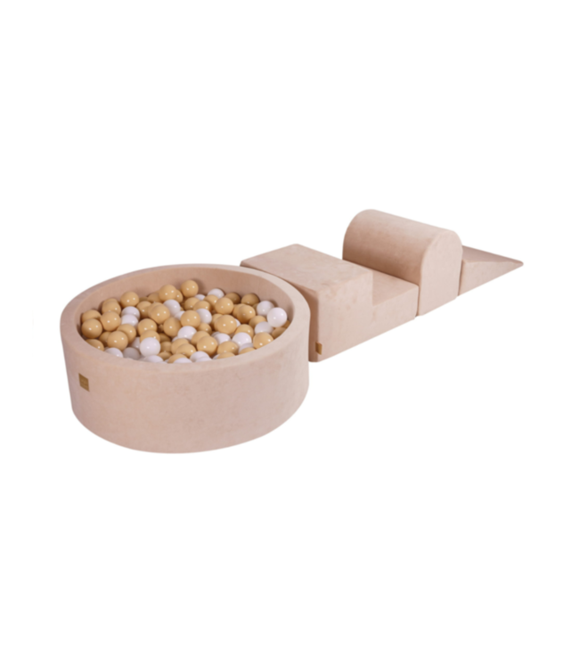 Foam blokken speelset met ballenbak van velvet stof in ecru