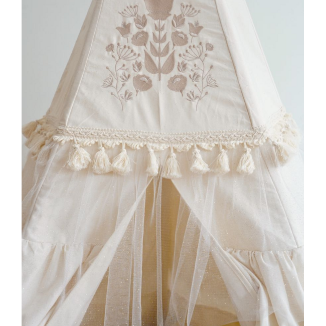 Tipi tent met franje en fijn borduurwerk – Ecru | Stijlvolle eyecatcher voor de kinderkamer