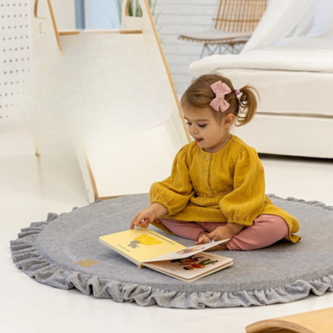 Donkergrijze velvet foam speelmat met ruches Ø 100 cm