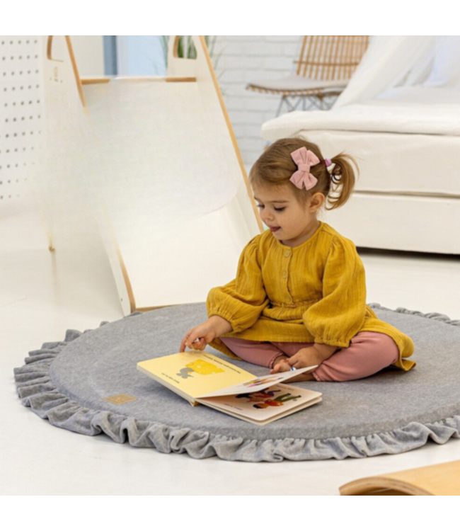 Donkergrijze velvet foam speelmat met ruches Ø 100 cm