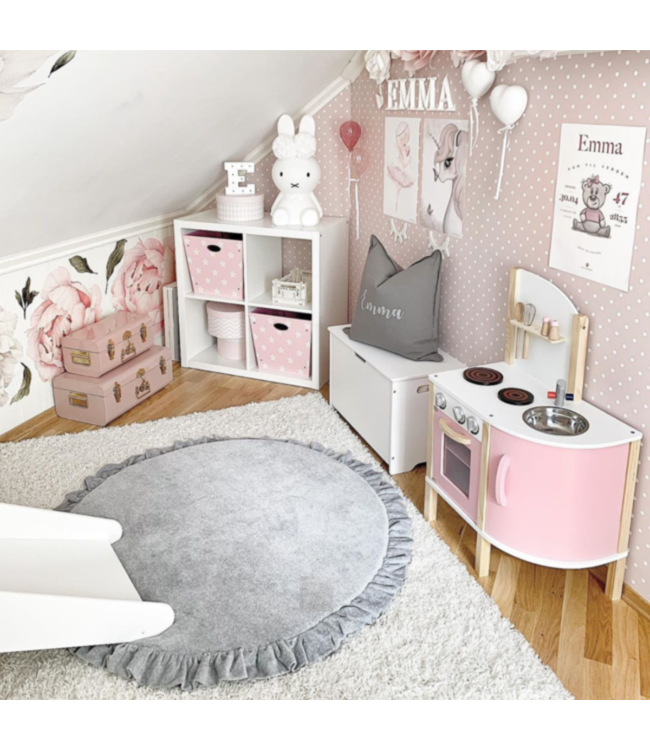 Donkergrijze velvet foam speelmat met ruches Ø 100 cm