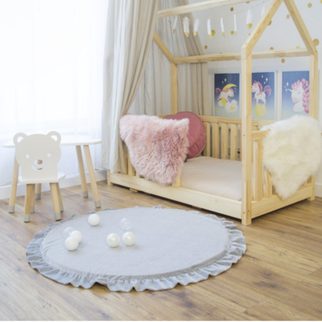 Donkergrijze velvet foam speelmat met ruches Ø 100 cm