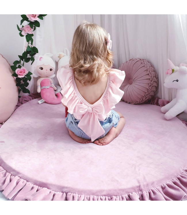 Donkerroze velvet foam speelmat met ruches Ø 100 cm