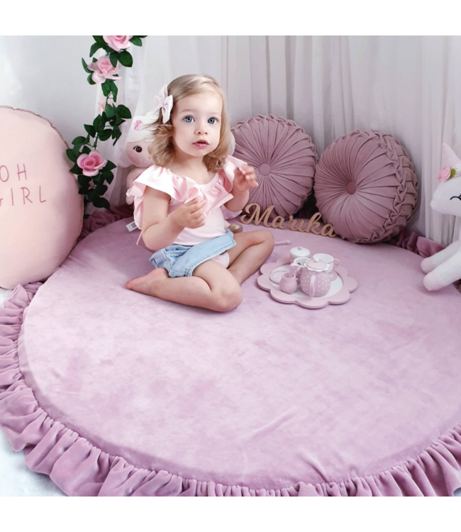 Donkerroze velvet foam speelmat met ruches Ø 100 cm