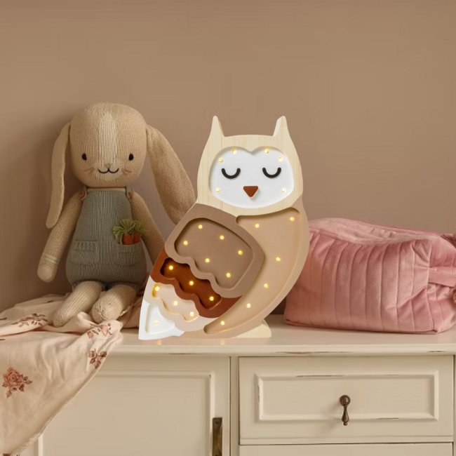 Handgemaakte houten uilenlamp – sfeervolle nachtlamp voor de kinderkamer
