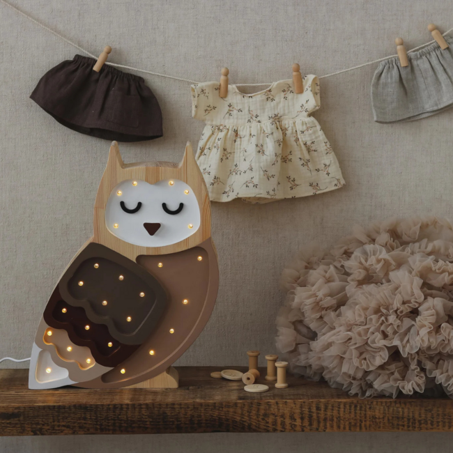 Handgemaakte houten uilenlamp – sfeervolle nachtlamp voor de kinderkamer