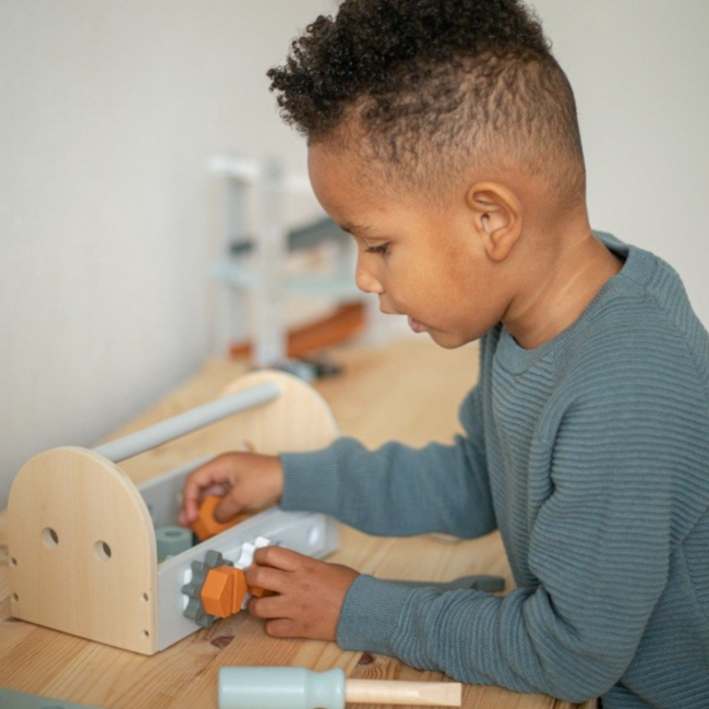 Compact wooden toolbox for kids filled with tools for imaginative play