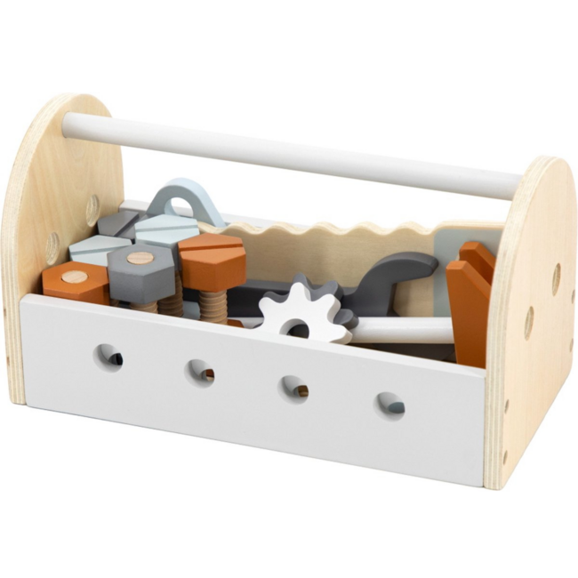 Compact wooden toolbox for kids filled with tools for imaginative play