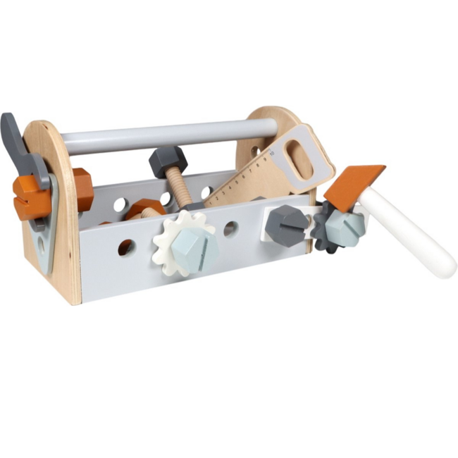 Compact wooden toolbox for kids filled with tools for imaginative play
