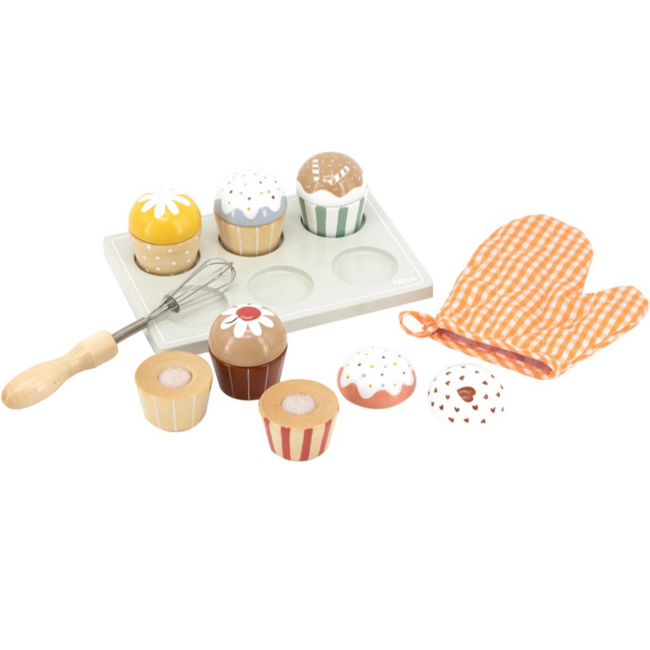 Wooden cupcake set with accessories for imaginative play