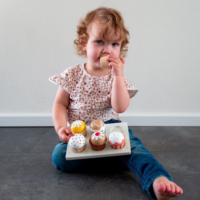 Houten cupcake set met accessoires voor fantasierijk speelplezier