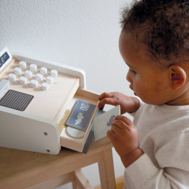 Houten speelkassa wit/antraciet met pinapparaat en speelgoedgeld