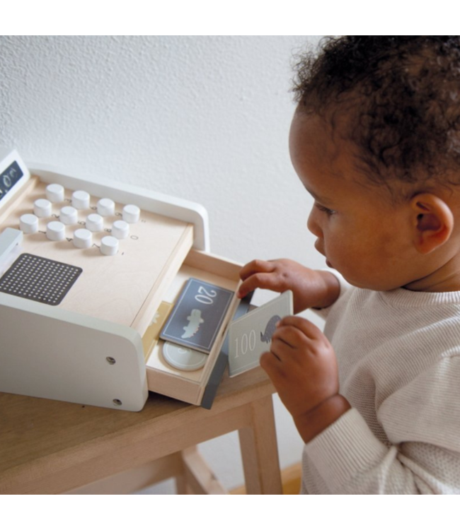 Houten speelkassa wit/antraciet met pinapparaat en speelgoedgeld