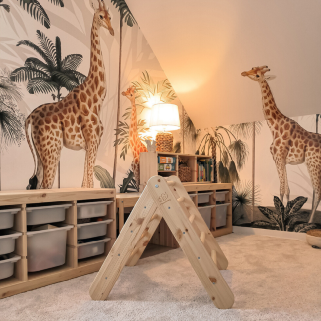 Climbing frame with tent cover in natural and blue – versatile play furniture for kids