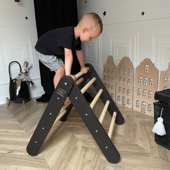 Climbing triangle with slide and climbing wall in black – Engaging indoor play structure