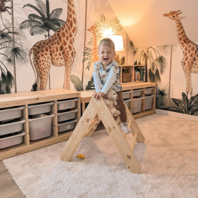 Climbing triangle with slide and climbing wall in natural finish – Engaging indoor play structure