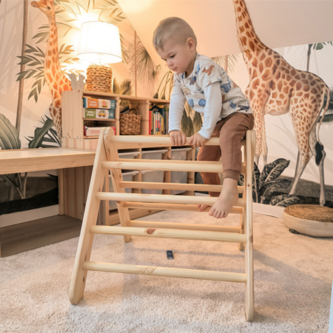 Climbing triangle with slide and climbing wall in natural finish – Engaging indoor play structure
