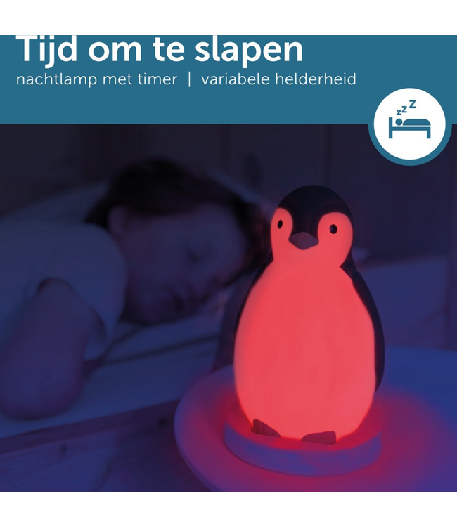 Slaaptrainer pinguïn Pam in blauw – helpt kinderen rustiger slapen