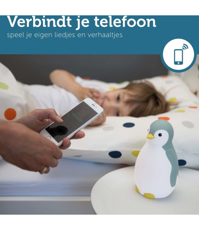 Slaaptrainer pinguïn Pam in blauw – helpt kinderen rustiger slapen