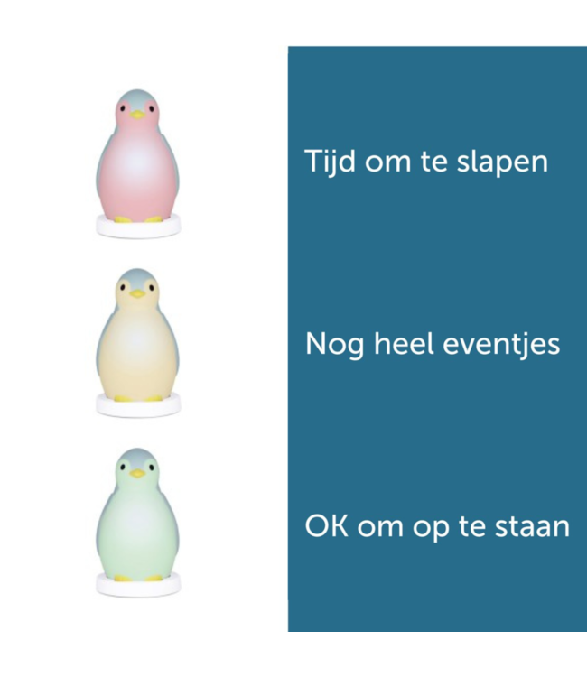 Slaaptrainer pinguïn Pam in blauw – helpt kinderen rustiger slapen