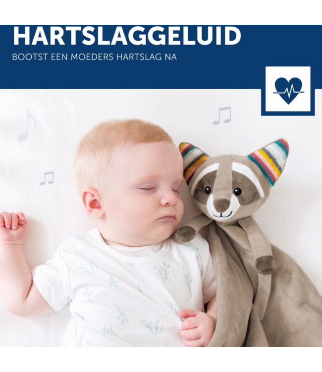 Hartslag knuffeldoekje Robin de wasbeer – Zacht troostdoekje met rustgevend hartslaggeluid voor baby’s