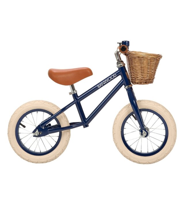 Blauwe 12 inch loopfiets met verstelbaar stuur en rieten mand