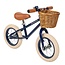 Blauwe 12 inch loopfiets met verstelbaar stuur en rieten mand