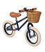 Blauwe 12 inch loopfiets met verstelbaar stuur en rieten mand