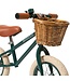 Groene 12 inch loopfiets met verstelbaar zadel en rieten mand