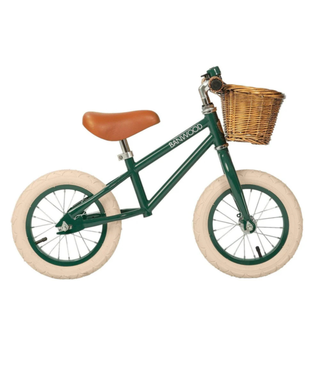 Groene 12 inch loopfiets met verstelbaar zadel en rieten mand