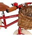 Rode 12 inch loopfiets met verstelbaar stuur en rieten mandje