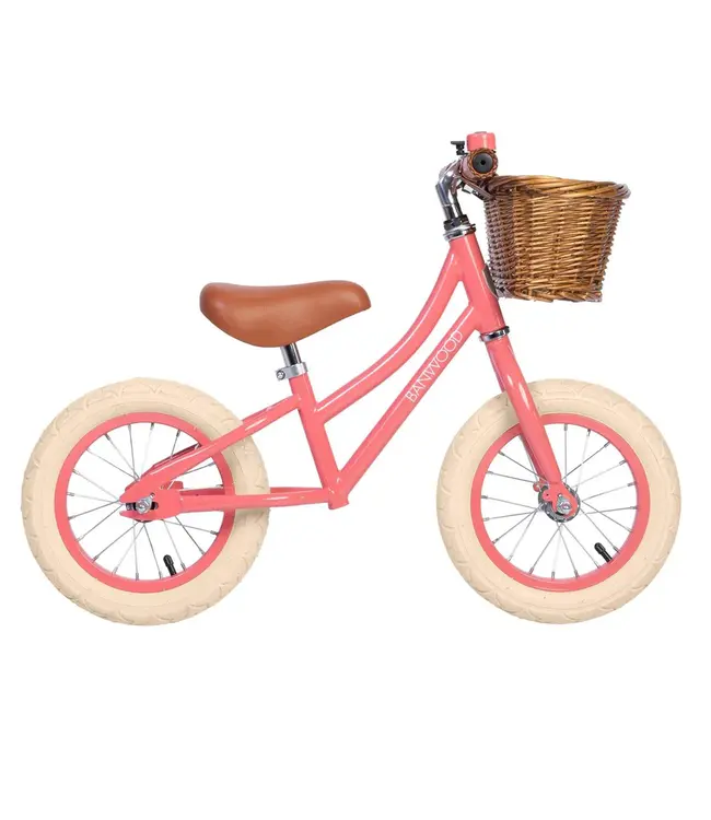 Koraalkleurige loopfiets 12 inch – licht, stevig en stijlvol
