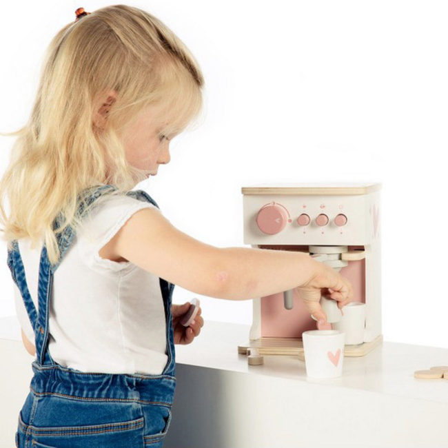 Roze houten espressomachine voor kinderen – inclusief accessoires
