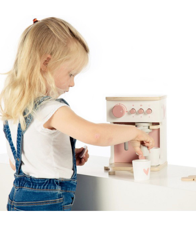 Roze houten espressomachine voor kinderen – inclusief accessoires