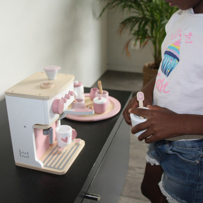 Roze houten espressomachine voor kinderen – inclusief accessoires