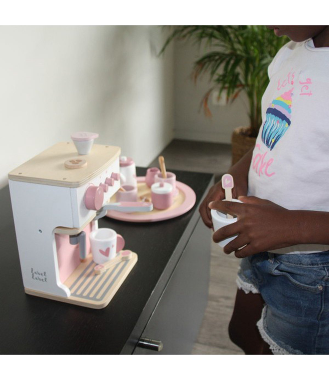 Roze houten espressomachine voor kinderen – inclusief accessoires