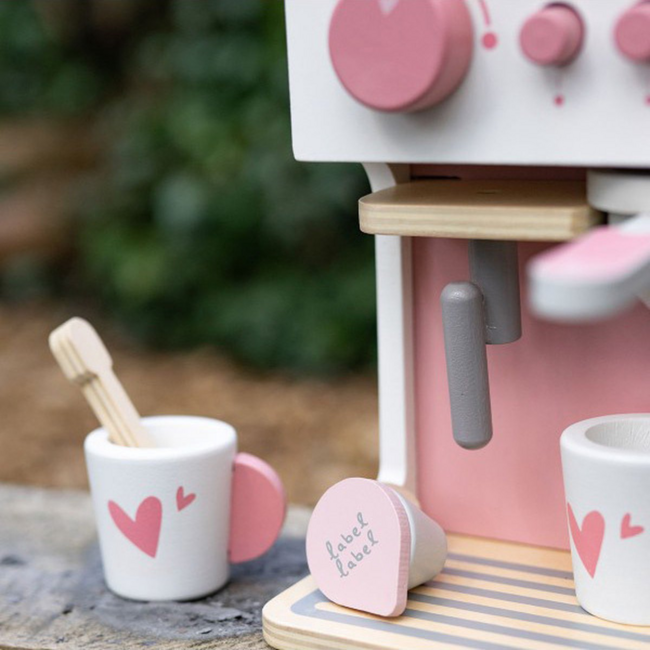 Roze houten espressomachine voor kinderen – inclusief accessoires