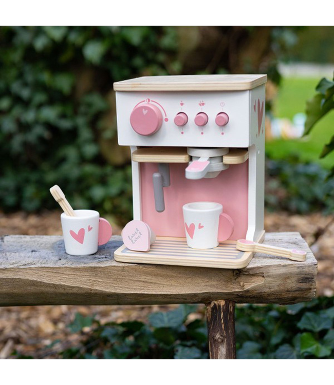 Roze houten espressomachine voor kinderen – inclusief accessoires