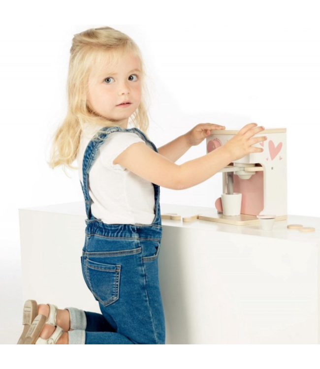 Roze houten espressomachine voor kinderen – inclusief accessoires