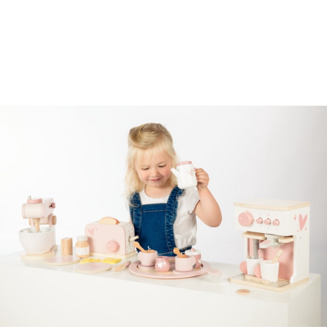Roze houten espressomachine voor kinderen – inclusief accessoires