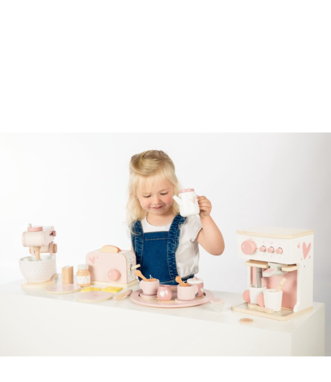 Roze houten espressomachine voor kinderen – inclusief accessoires