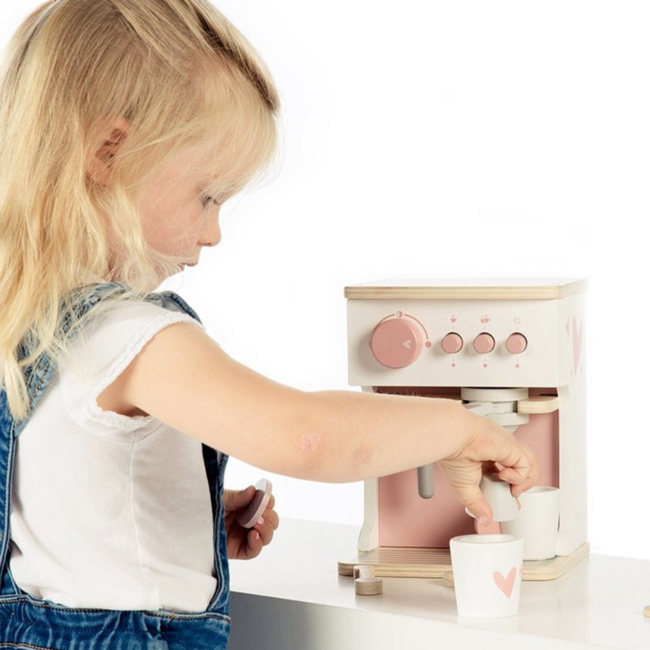 Roze houten espressomachine voor kinderen – inclusief accessoires