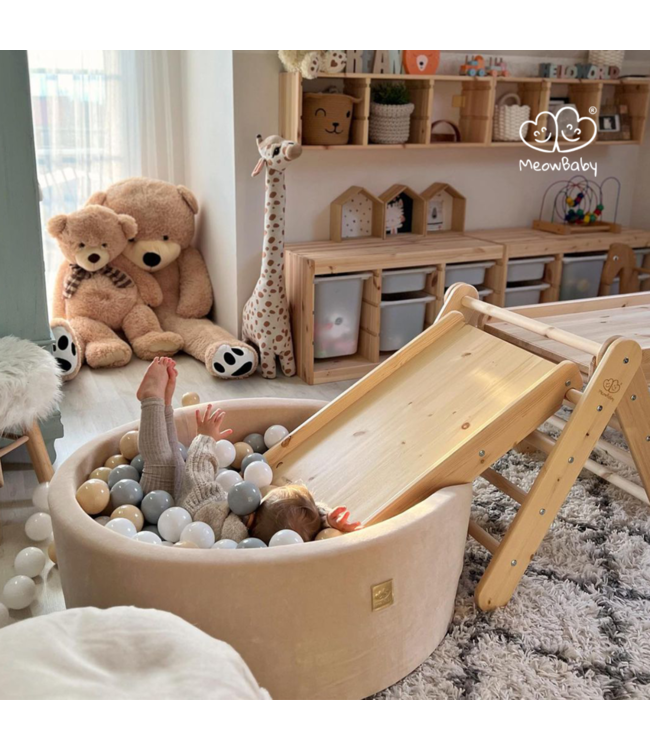 2-in-1 houten klimrek met glijbaan & klimmuur – Montessori speelplezier