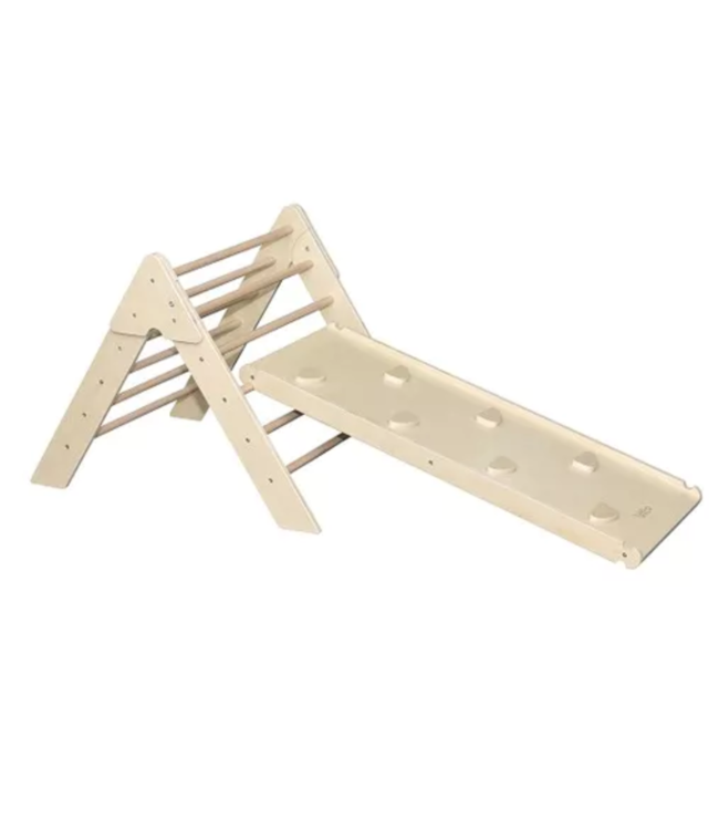 2-in-1 houten klimrek met glijbaan & klimmuur – Montessori speelplezier