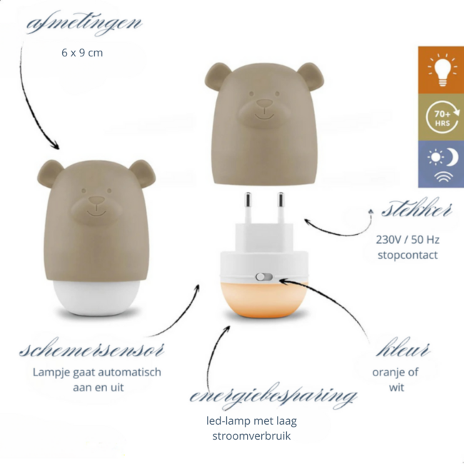Nachtlicht Benny der Bär – Beruhigendes Schlummerlicht in Taupe für Babys und Kinder