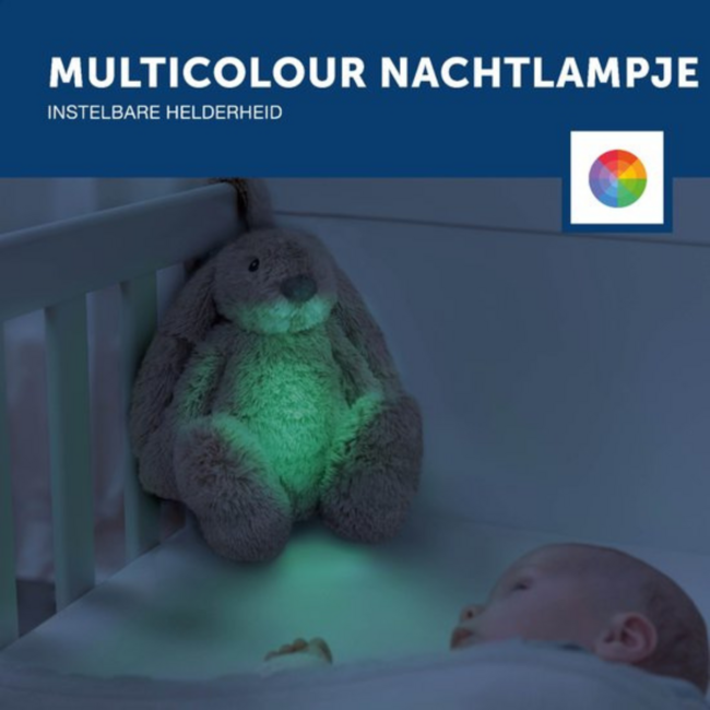 Ro het knuffelkonijn met hartslag en zacht licht